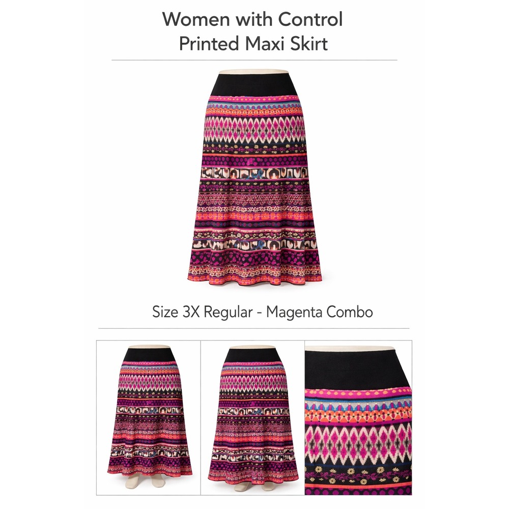 Women with Control Printed Maxi Skirt 3X Multi Magenta Tummy Control Boho Tribal